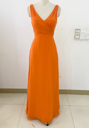 Floor length pleated corset Coral long chiffon bridal gown