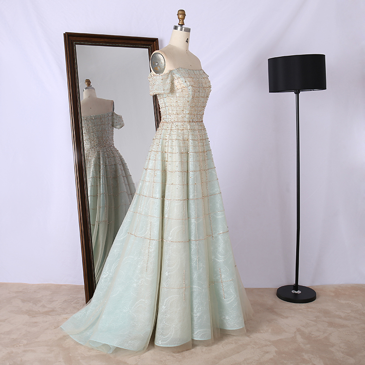 Promotional off-the-shoulder diamonds beaded emerald green long elegant chaozhou evening dresses