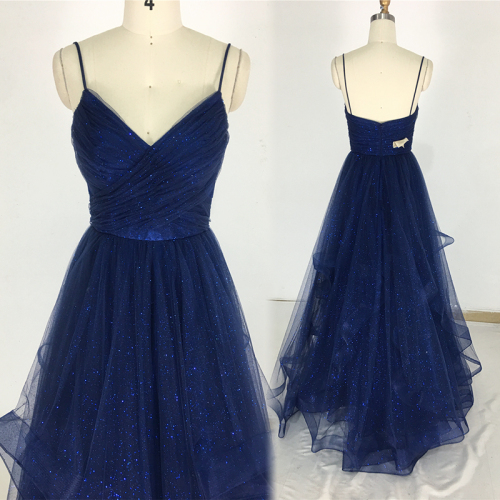 The latest design v neckline sexy navy blue spaghetti strap tulle ruffles sparkly women prom dress for party