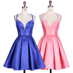 Nice satin width Pink Royal blue women V neck sleeveless short lace up mini A line homecoming birthday party dress with pockets