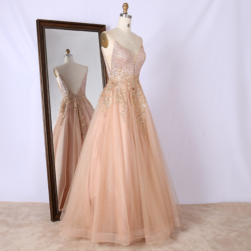 Champagne sequin embroidery prom dress girl's princess tulle puffy Ball Gown with V neck and back