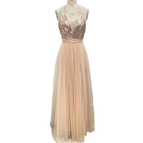 Chaozhou v neck sequined champagne long bridesmaid dress for wedding