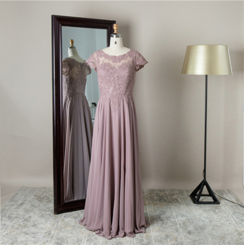 Floor Length Grandmother of Bride Dress Elegant Design Short Sleeves Embroidered for Wedding Plus Size Women Natural Simple