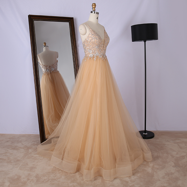 Champagne A line Deep V neck machine beading princess tulle prom dress