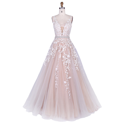 Bottom price elegant design deep v backless waist rhinestone beaded trim evening dress lace applique long puffy prom dress