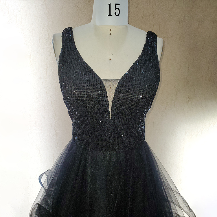 Fashion style v neck sequined asymmetric puffy black ladies tulle prom dresses