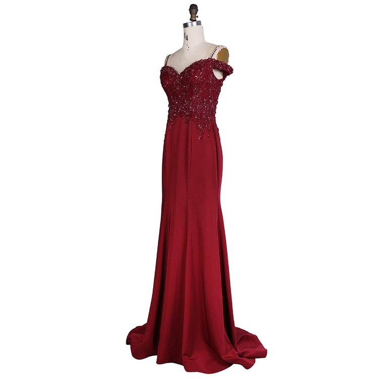 Hot selling off the shoulder beaded sexy burgundy elegant women evening dresses