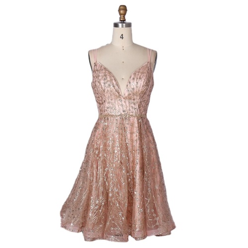 Unique design stylish v neck irregular fluffy short glitter prom homecoming dress