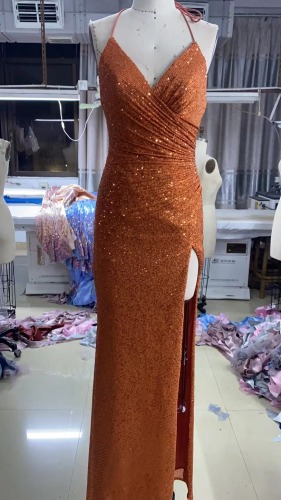 Emerald Green Gathered Waistline Lace Up Back Wholesale Prom Dresses Party Maxi Sequin Evening Dress