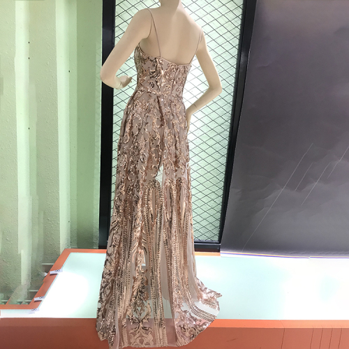 Spaghetti strap v neck sequined split slit sexy evening dresses for party