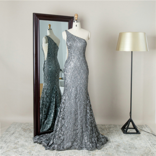 One shoulder sweep train dubai golden flower luxurious evening dresses