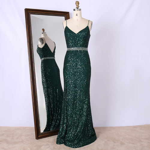 Emerald green hand beaded belt straps pleated Sequin Elegant Mermaid Prom Dresses