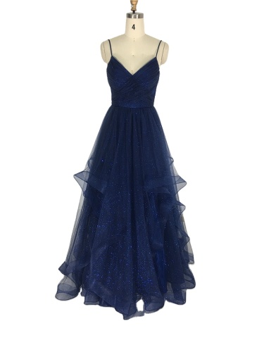 Fashion style v neck sequined asymmetric puffy black ladies tulle prom dresses