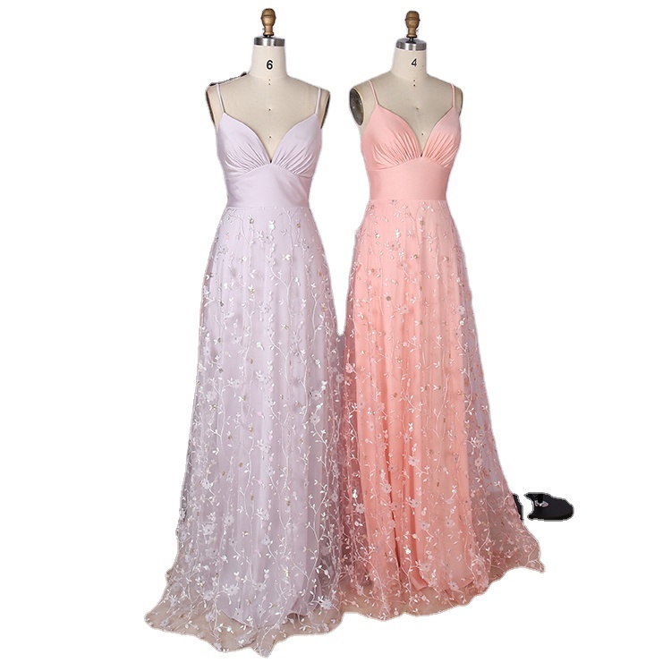 2022 V Neck Spaghetti with embroidered decals long pink wedding Bridesmaid dress Bridesmaid dress