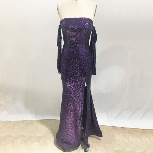 Fashion design off the shoulder purple sequined sexy mermaid long sleeve ladies evening dresses