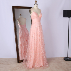 2022 V Neck Spaghetti with embroidered decals long pink wedding Bridesmaid dress Bridesmaid dress