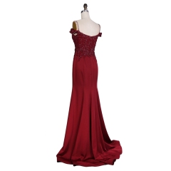 Hot selling off the shoulder beaded sexy burgundy elegant women evening dresses