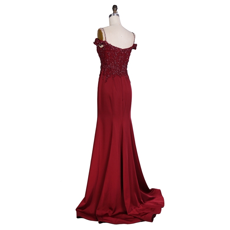 Hot selling off the shoulder beaded sexy burgundy elegant women evening dresses