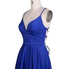 Nice satin width Pink Royal blue women V neck sleeveless short lace up mini A line homecoming birthday party dress with pockets
