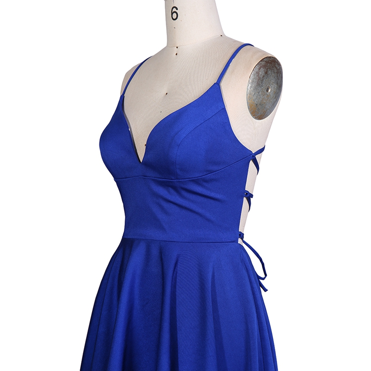 Nice satin width Pink Royal blue women V neck sleeveless short lace up mini A line homecoming birthday party dress with pockets
