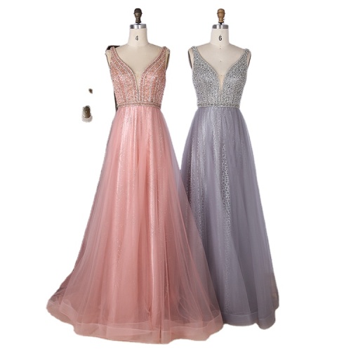 Wholesale v neck tulle handmade beaded backless pink ladies long prom dresses