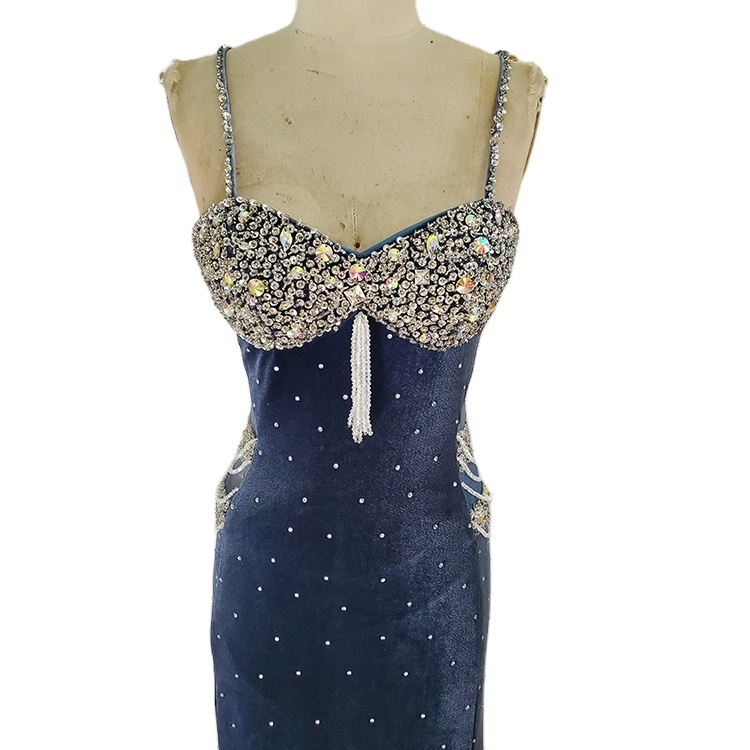 China supplier spaghetti strap beaded ladies dinner luxury evening dresses