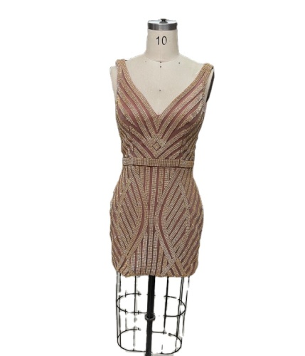 Factory direct sell glitter v neck rhinestone beaded bodycon sexy short evening dress for party