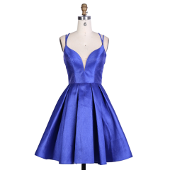 Nice satin width Pink Royal blue women V neck sleeveless short lace up mini A line homecoming birthday party dress with pockets
