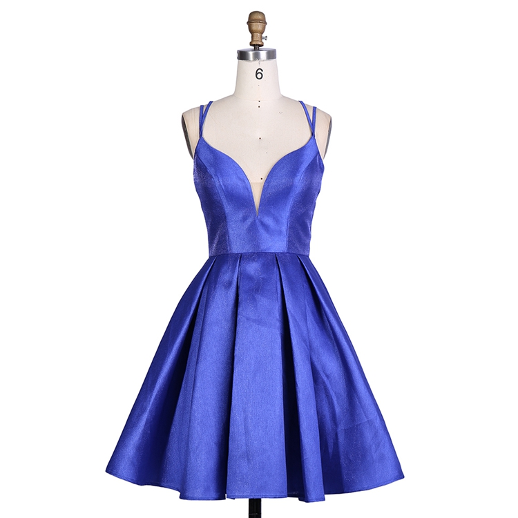 Nice satin width Pink Royal blue women V neck sleeveless short lace up mini A line homecoming birthday party dress with pockets