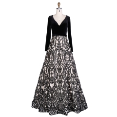 New design high quality sequined plus size black long sleeve evening dresses
