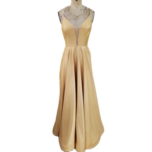 Champagne A line rhinestone belt Floor Length Deep V Neck Sexy Open Back Mikado Solid Color Prom Dress