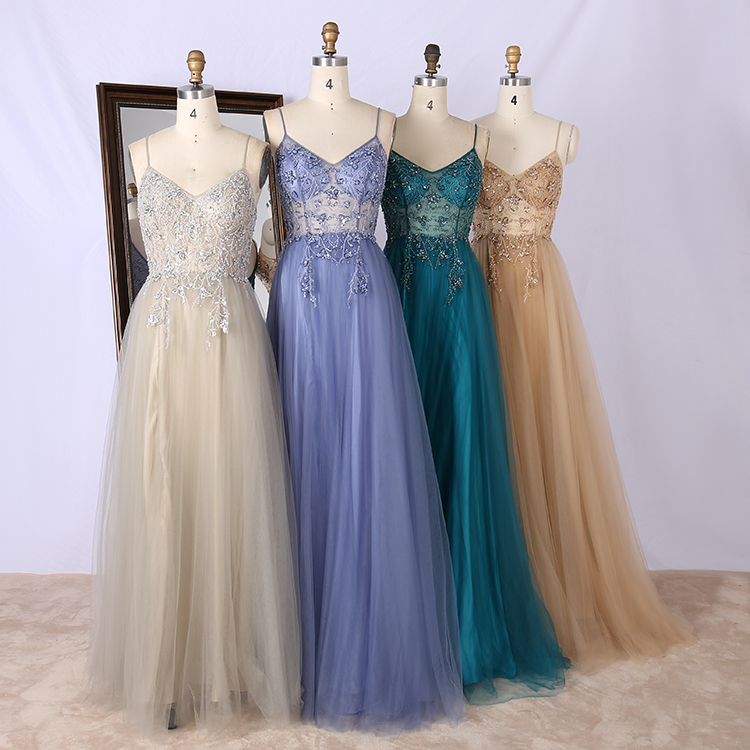 Wholesale tulle v neck spaghetti strap beaded party dresses women luxurious long evening dresses