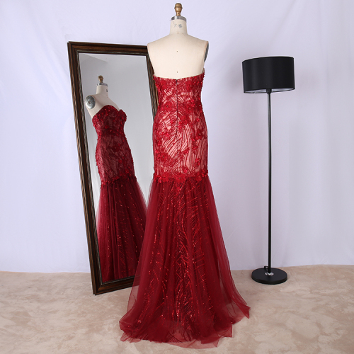 Bulk sweetheart neckline strapless beading appliques sweep train red mermaid evening dresses for women