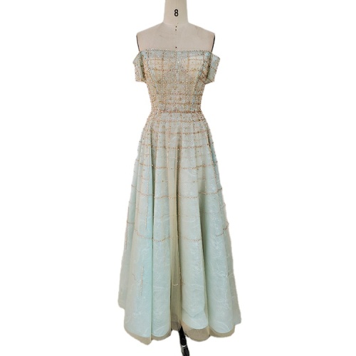 Mint color Off Shoulder A Line ball gown full hand Beaded glitted fabric Formal Evening Dresses