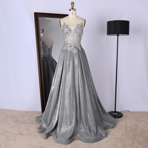 Chaozhou handmade embroidery v neck spaghetti strap sequined pleat elegant sexy prom dresses for quinceanera