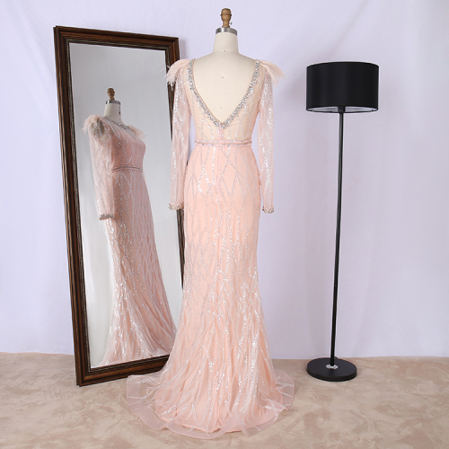 Cheap price scoop neckline long sleeve pink elegant evening prom dresses