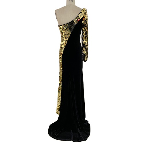 Unique design velvet one shoulder sequined luxury mermaid long sleeve evening dresses