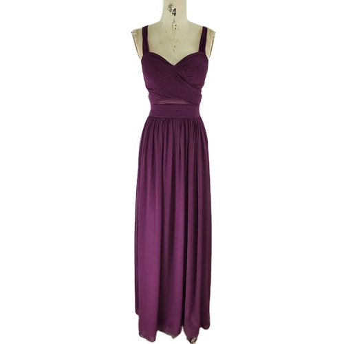 Simple style v neck solid purple long elegant bridesmaid dresses with pleat