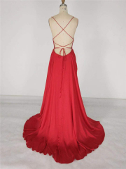 Promotional square neckline lace up high split sexy red formal evening dress