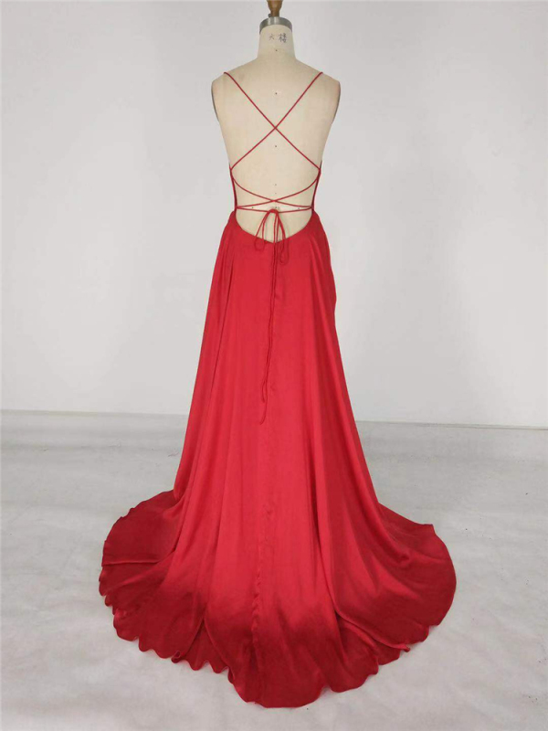 Promotional square neckline lace up high split sexy red formal evening dress