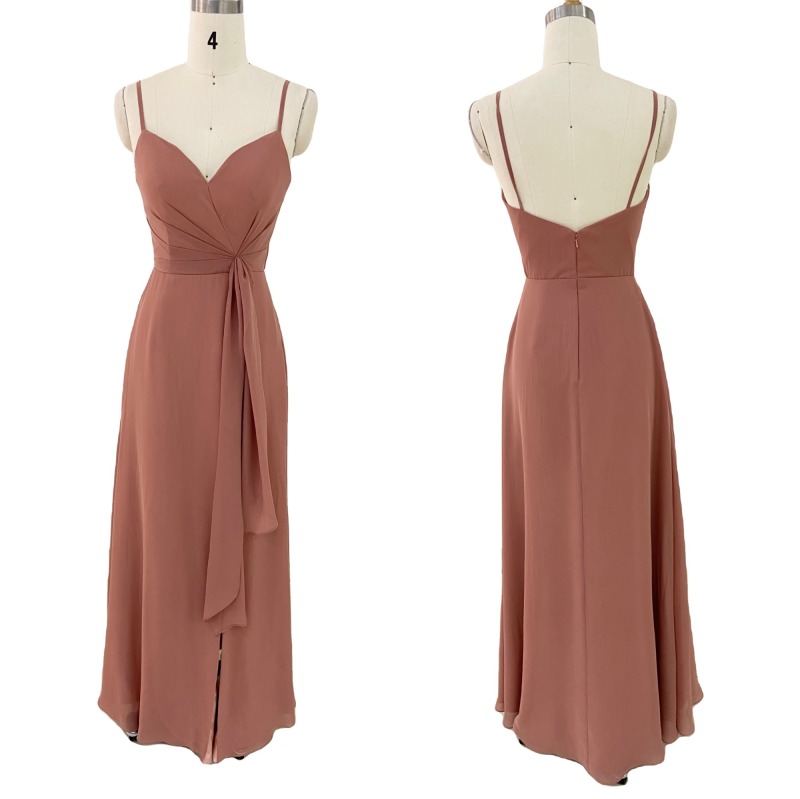Dusty Rose sleeveless Floor Length Spaghetti Strap V Neck hand pleated women chiffon prom bridesmaid dresses for wedding