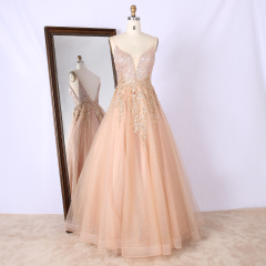 Champagne sequin embroidery prom dress girl's princess tulle puffy Ball Gown with V neck and back