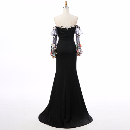 Off the shoulder embroidery appliques black evening gowns long sleeve mermaid evening dresses for party
