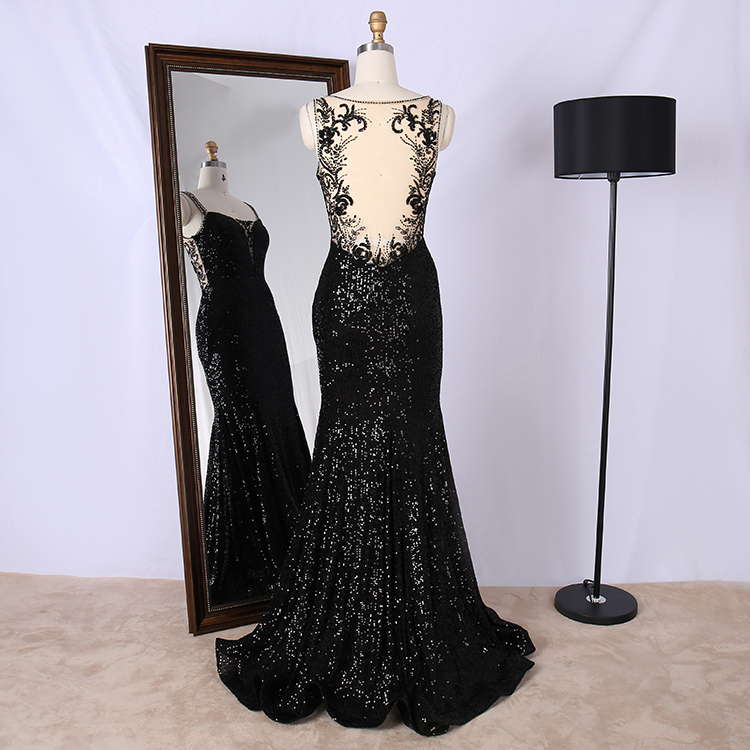 Black see through back Square Neckline Beaded Straps High Quality Evening Gown ODM Prom Dresses by stretch sequin fabric