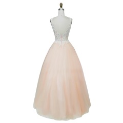 New design v neck handmade embroidery beaded backless fluffy ball gown ladies evening prom dresses