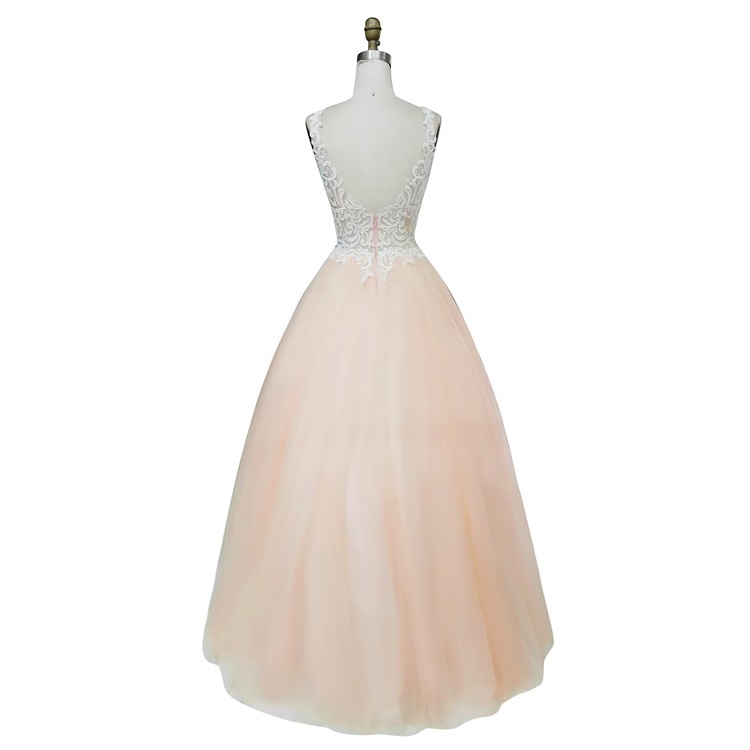 New design v neck handmade embroidery beaded backless fluffy ball gown ladies evening prom dresses