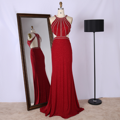 Unique design scoop neck sleeveless beaded red elegant long formal prom dresses