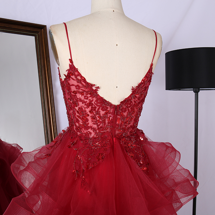 Fancy v neck spaghetti strap beaded appliques sexy women ball gowns red prom dress