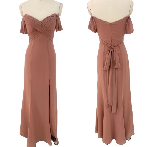 Off The Shoulder A Line chiffon all season coral red stylish cross pleats slit Bridesmaid Dresses