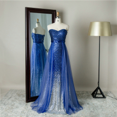 Unique design blue sweetheart sequined special occasion formal shiny sparkly evening dress with over skirt